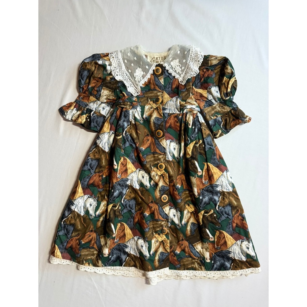 Kids West Horse Print Dress Equestrian Prairie Cottagecore Lace Collar USA